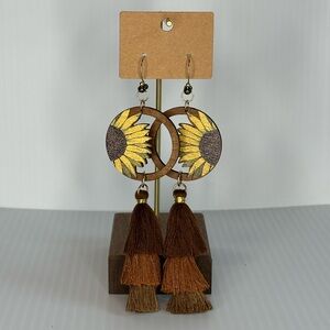 Wooden Sunflower Tassel Earrings